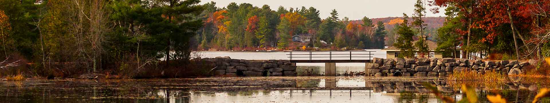 Shoreline showing Fall colours and stone footbridge in the foreground.  Photo credit: John MacLean