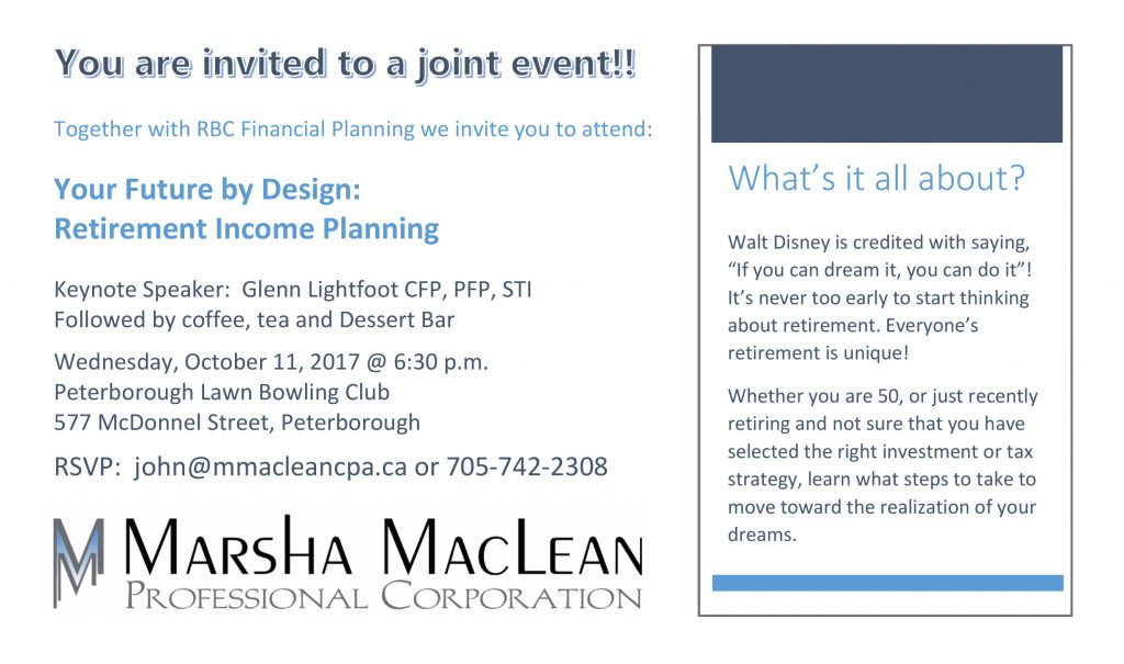 Joint Event with RBC re retirement planning, Marsha MacLean Professional Corporation, Peterborough ON